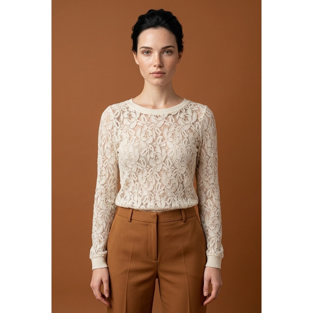 a.n.a A New Approach Ivory Floral Lace Long Sleeve Crew Neck Top Size S